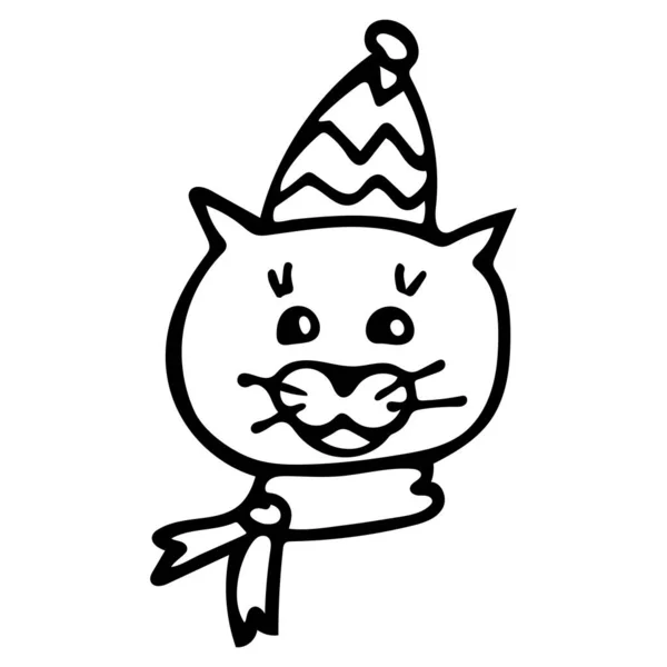 Cabeça de gato com chapéu e cachecol em estilo cartoon. Ilustração vetorial. — Vetor de Stock