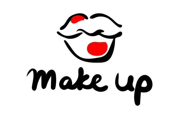 Graffiti lèvres sous la forme d'un baiser avec des traits de rouge à lèvres rouge et l'inscription Maquillage. Illustration vectorielle. Dessiné à la main. — Image vectorielle