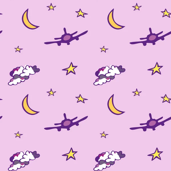 Patrón sin costuras con luna, estrellas, avión y nubes. Fondo rosa. — Vector de stock