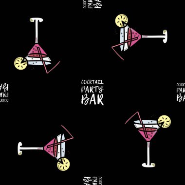 Kokteylli, köpüklü ve limon dilimli kusursuz bardaklar, siyah arka planda pipetler. Simge vektörü.