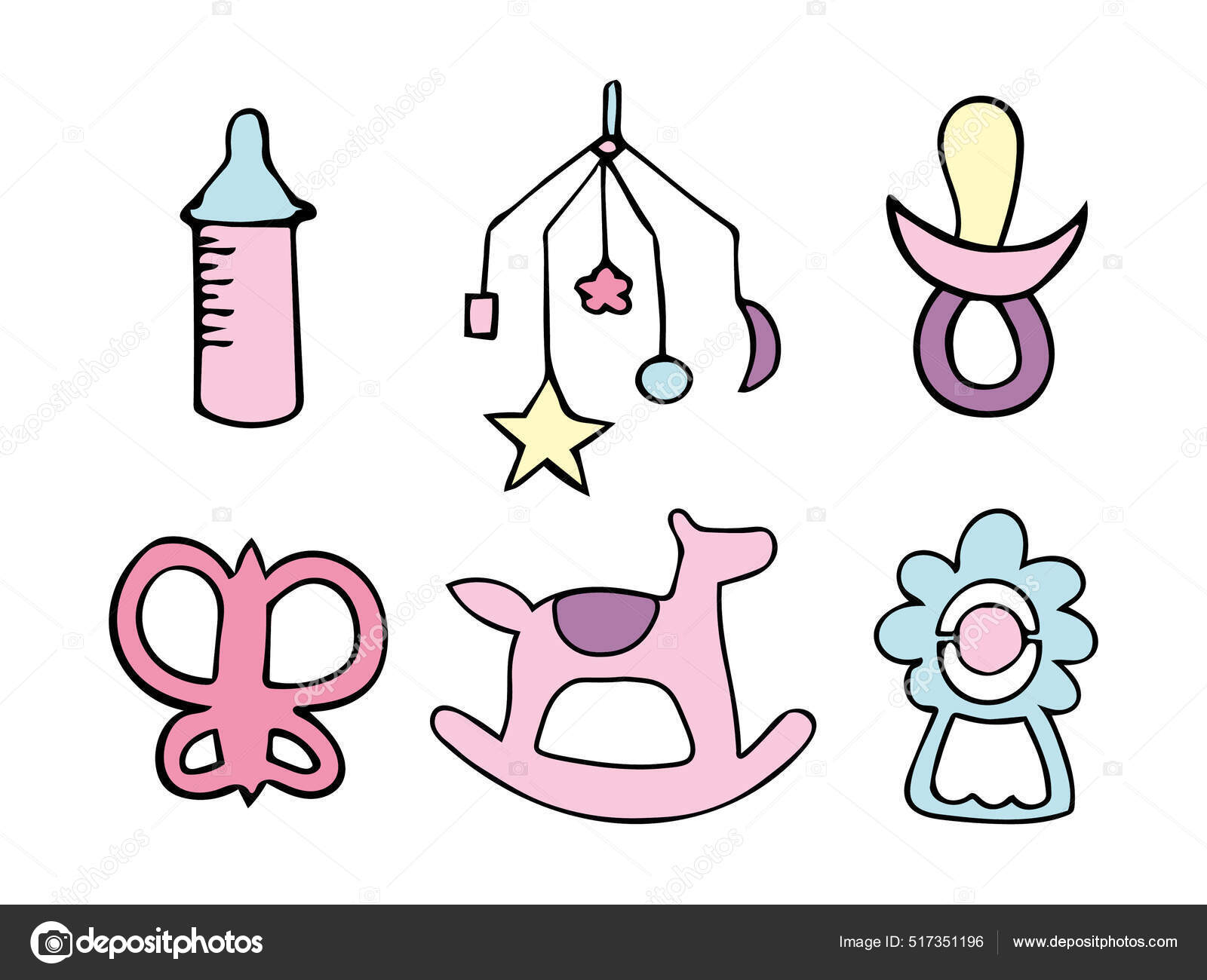 Vektorillustrasjon med barneleker, mekanisk musikalsk leketøy og rangle,  hest og sommerfugl, fôringsflaske. stockvektor © Libe.Sketch #517351196, image size:1600x1300