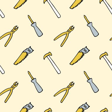 Sarı arka planda tamir aletleri olan kusursuz desen, tornavida, pense, testere, çekiç, ayarlanabilir anahtar..