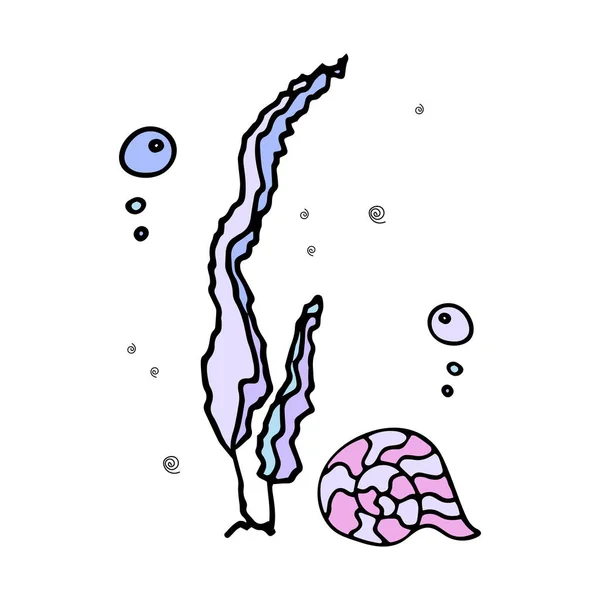 Deniz yosunlarının yanında hava kabarcıkları olan renkli bir kabuk. Doodle tarzı. 