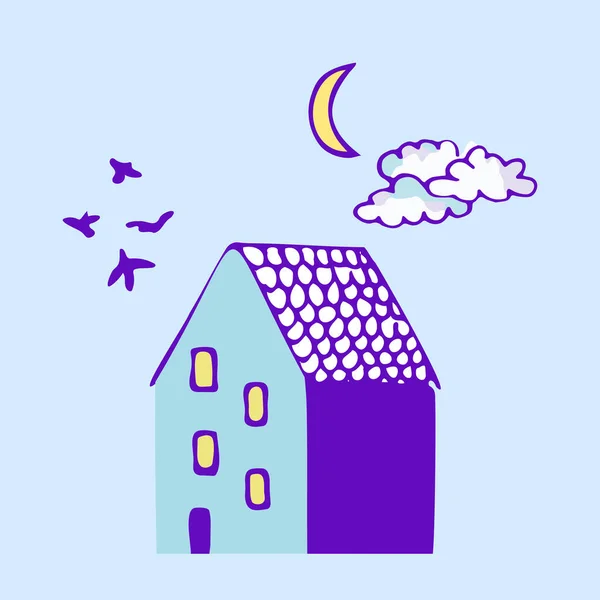 Kuşlar, gökyüzü ve ay olan bir evin vektör çizimi. Doodle tasarım ögeleri. 