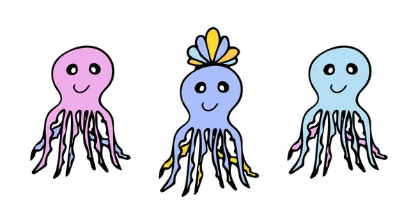 Doodle style set met octopus. Ontwerpelementen. — Stockvector