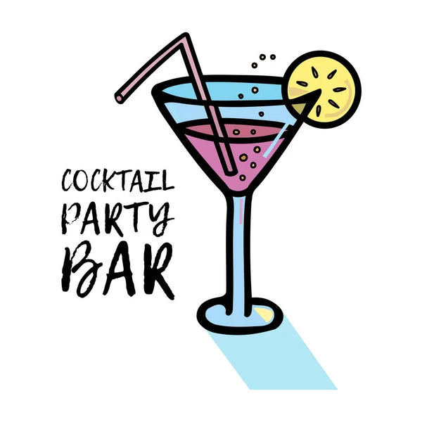 Vector illustration of a glass with a cocktail, bubbles and a slice of lemon, a straw. Icon. Phrase Cocktail party bar. — Stock Vector