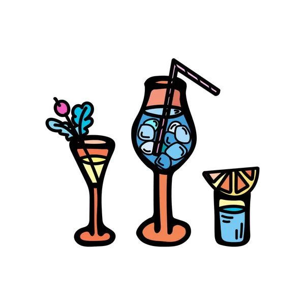 Ensemble d'illustrations vectorielles couleur de verres de cocktails avec tubule, baies et orange. Ensemble de barre de lettrage. — Image vectorielle