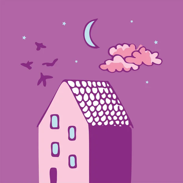 Εικονογράφηση διάνυσμα ενός σπιτιού με πουλιά και νυχτερινό ουρανό, αστέρια και φεγγάρι. Στοιχεία σχεδίασης Doodle. — Διανυσματικό Αρχείο