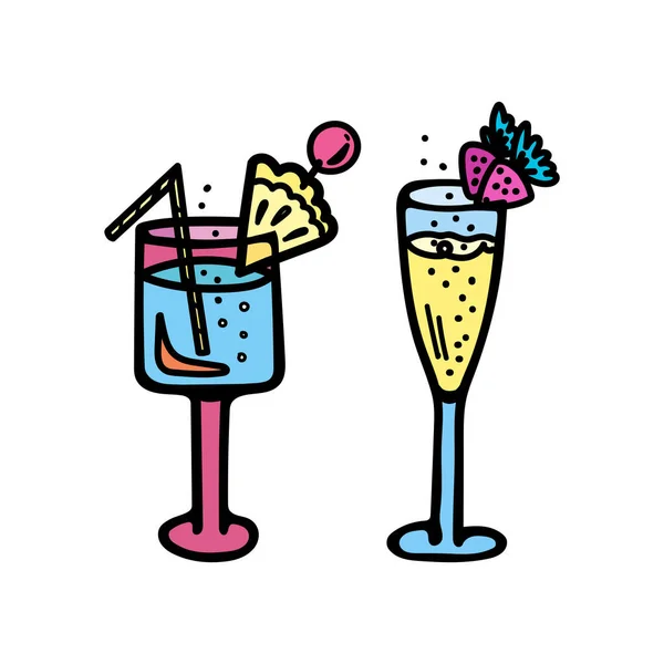Set of color vector illustrations of glasses of cocktails with bubbles, pineapple, strawberries and berries. — Stock Vector