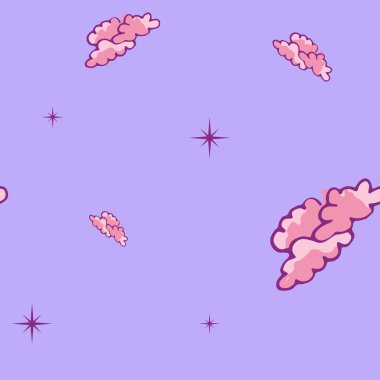 Burgonya yıldızlı ve pembe bulutlu kusursuz bir desen. Vektör illüstrasyonu.