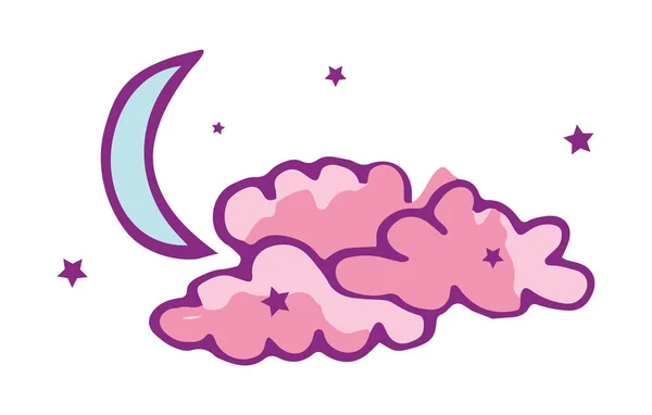 Vector illustration of pink clouds and blue moon with burgundy stars. — Stock Vector