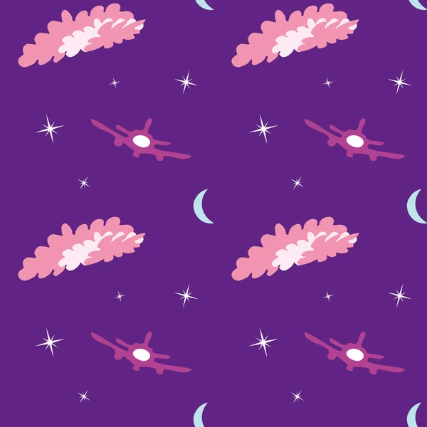 Patrón sin costuras con luna, estrellas, avión y nubes. Fondo violeta. — Vector de stock
