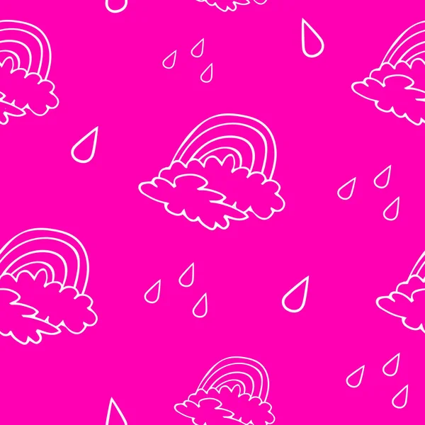Розовый бесшовный рисунок с радугой, дождём и облаками. — стоковый вектор