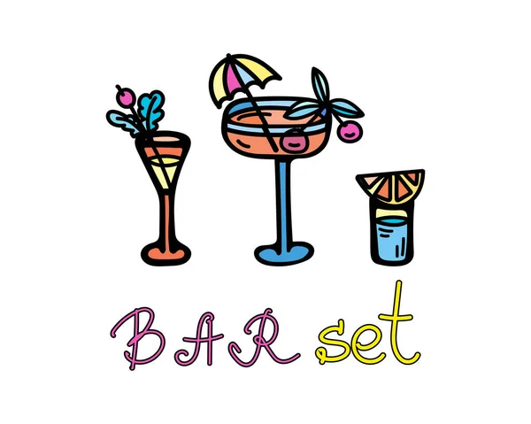 Set of color vector illustrations of glasses of cocktails with umbrella, berries and cherry, orange. Lettering Bar Set. — Stock Vector