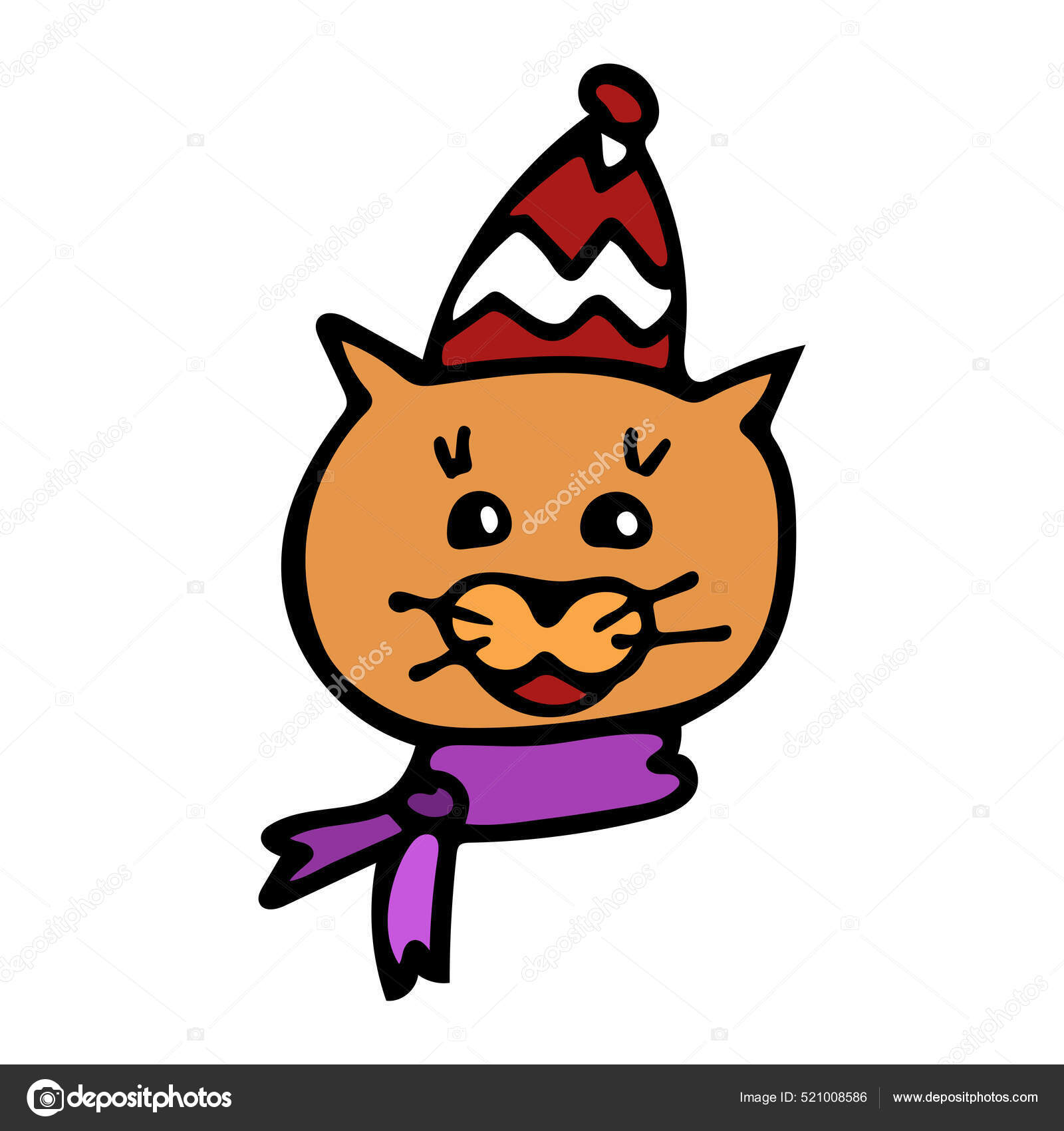 明るい赤い猫は 赤と白の帽子と漫画のスタイルで紫色のスカーフで笑っています ストックベクター C Libe Sketch