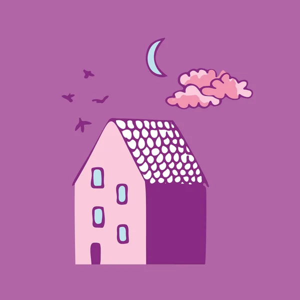 Εικονογράφηση διάνυσμα ενός σπιτιού με πουλιά και ουρανό, αστέρια και φεγγάρι. Στοιχεία σχεδίασης Doodle. — Διανυσματικό Αρχείο
