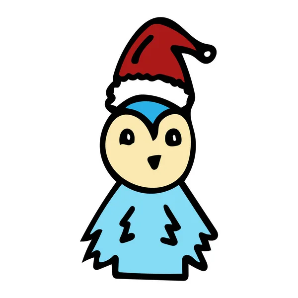 Blue penguin in a New Year red hat in cartoon style. — Stock Vector