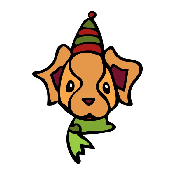 Веселая рыжая собака в красно-зеленой шляпе и зеленый шарф в мультяшном стиле. — стоковый вектор