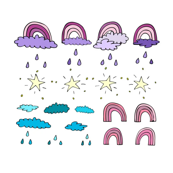 Graphic outline printing sign with pink rainbow, violet clouds, stars and rain. — Stock Vector