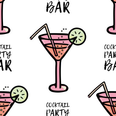 Kokteyl, baloncuk ve bir dilim limon ve pipetle bardağın vektör deseni. Simge.