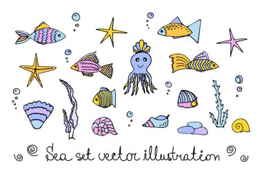 Ahtapot ve balıkların, deniz kabuklarının ve yıldızbalıklarının, incilerin ve hava kabarcıklarının büyük renkli çizimleri, dalga. Doodle tarzı.