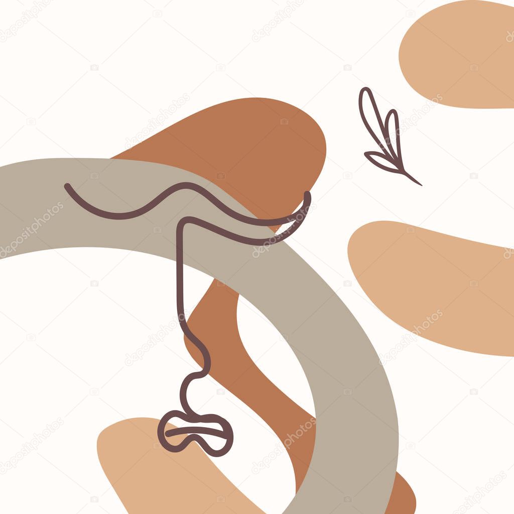 Vector illustration of a face and branch with leaves in line art style on a background of abstract shapes. 