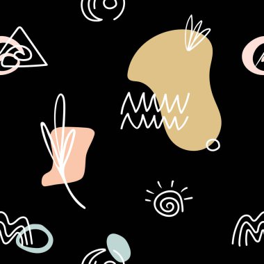 Kusursuz desen, soyut elle çizilmiş çeşitli şekiller, çizgiler, dal, kollar, noktalar, kıvrımlar. 