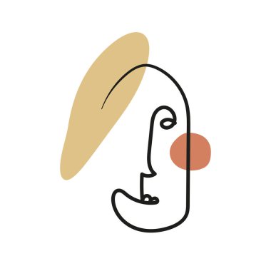 Soyut şekillerin arkaplanındaki satır sanatı tarzında bir yüzün vektör çizimi.