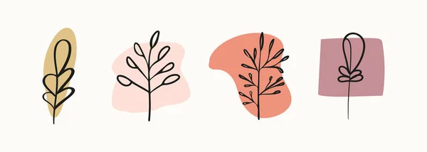 Sönük renklerde yuvarlak minimalist şekilli soyut arkaplan resimleri ve yapraklı ya da ağaçlı bir dal.