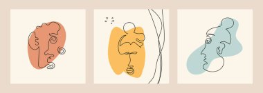 Soyut şekillerin arka planında izole edilmiş sanat tarzında modern portreler seti.