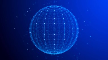 Hareket eden bilgi parçacıkları ile küre. Küresel iletişim teknolojisi. Üç Boyut .