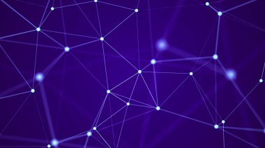 Büyük veri görselleştirmesi. Noktaların ve çizgilerin kaotik dağılımıyla ağ bağlantısı yapısı. Üç Boyut .