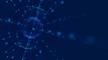 Hareket eden bilgi parçacıkları ile küre. Küresel iletişim teknolojisi. Üç Boyut .