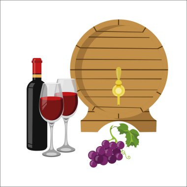 Üzüm, şarap fıçısı, bir şişe şarap ve dolu bardaklar..
