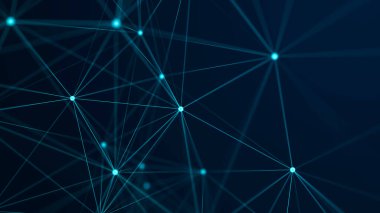 Büyük veri görselleştirmesi. Noktaların ve çizgilerin kaotik dağılımıyla ağ bağlantısı yapısı. Üç Boyut .