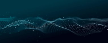 Birbirine dolanmış noktalarla dolu geleceksel mavi arkaplan. Bir sürü veri. Müzikal ses akışı. Üç Boyut .