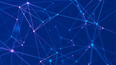 Büyük veri görselleştirmesi. Noktaların ve çizgilerin kaotik dağılımıyla ağ bağlantısı yapısı. Üç Boyut .