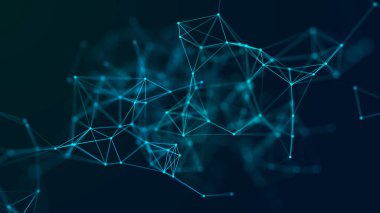 Büyük veri görselleştirmesi. Noktaların ve çizgilerin kaotik dağılımıyla ağ bağlantısı yapısı. Üç Boyut .