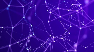 Büyük veri görselleştirmesi. Noktaların ve çizgilerin kaotik dağılımıyla ağ bağlantısı yapısı. Üç Boyut .