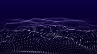 Dinamik dalgalı fonda noktalar. Büyük verilerin 3 boyutlu görüntülenmesi. Üç Boyut .