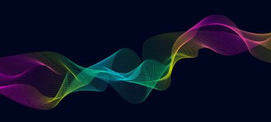 Tasarım için siyah zemin üzerinde renkli çizgilerin soyut müzikal dalga unsurları. Pürüzsüz kurdele dinamiğinin vektör çizimi. EPS 10.