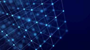 Dijital engelleme zinciri kavramı. Veri depolama ayrı hücrelerde. Noktalar ve bağlantı çizgileri olan soyut bir arkaplan. 3B görüntüleme.