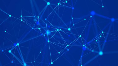 Büyük veri görselleştirmesi. Noktaların ve çizgilerin kaotik dağılımıyla ağ bağlantısı yapısı. Üç Boyut .