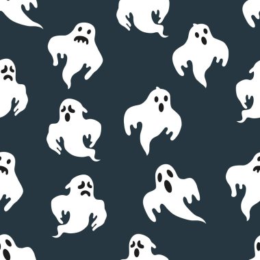 Cadılar Bayramı hayaletleri kusursuz tekrarlayan şablonu yuhaladı. Kumaş, tekstil tasarımı, geçmiş, ambalaj, davetiye kartları, ürkütücü duvar kâğıdı ya da hediye paketi için moda. Yüzey deseni tasarımı.