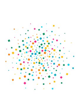 Çok renkli Çember Soyut Vektör Beyaz Arkaplan. Efekt Yağmur Tasarımı. Festival Parlak Arkaplan. Gökkuşağı Polka Düşme Şablonu.