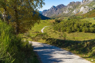 Asturias 'taki Somiedo doğal parkının manzarası. Valle de Lago 'dan Lago del Valle' e giden yol.. 