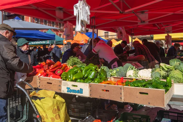 León, España, 3 de febrero de 2019. Vista del mercado tradicional de frutas y hortalizas en la plaza principal de León. —  Fotos de Stock