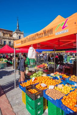 Leon, Spain, February 3, 2019. View of the traditional fruit and vegetable market in the main square of Leon. 