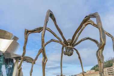 Bilbao, İspanya, 15 Şubat 2022. Bilbao 'daki Guggenheim Müzesi' nde Louise Bourgeois 'in Örümcek Heykeli.