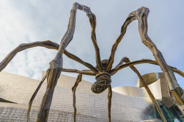 Bilbao, İspanya, 15 Şubat 2022. Bilbao 'daki Guggenheim Müzesi' nde Louise Bourgeois 'in Örümcek Heykeli.